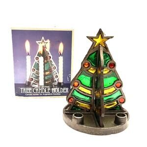 NEW Tree CANDLE HOLDER Angelabra Crackle Stained Glass & Wrought Iron Christmas